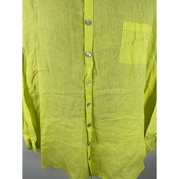 FLAX Linen Button up Longsleeve Women's Large Bright Yellow Pearlescent Buttons - Picture 6 of 11